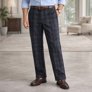 Vintage Corbin Plaid Dress Pants Navy Green Windowpane Wool Blend Classic 36x34